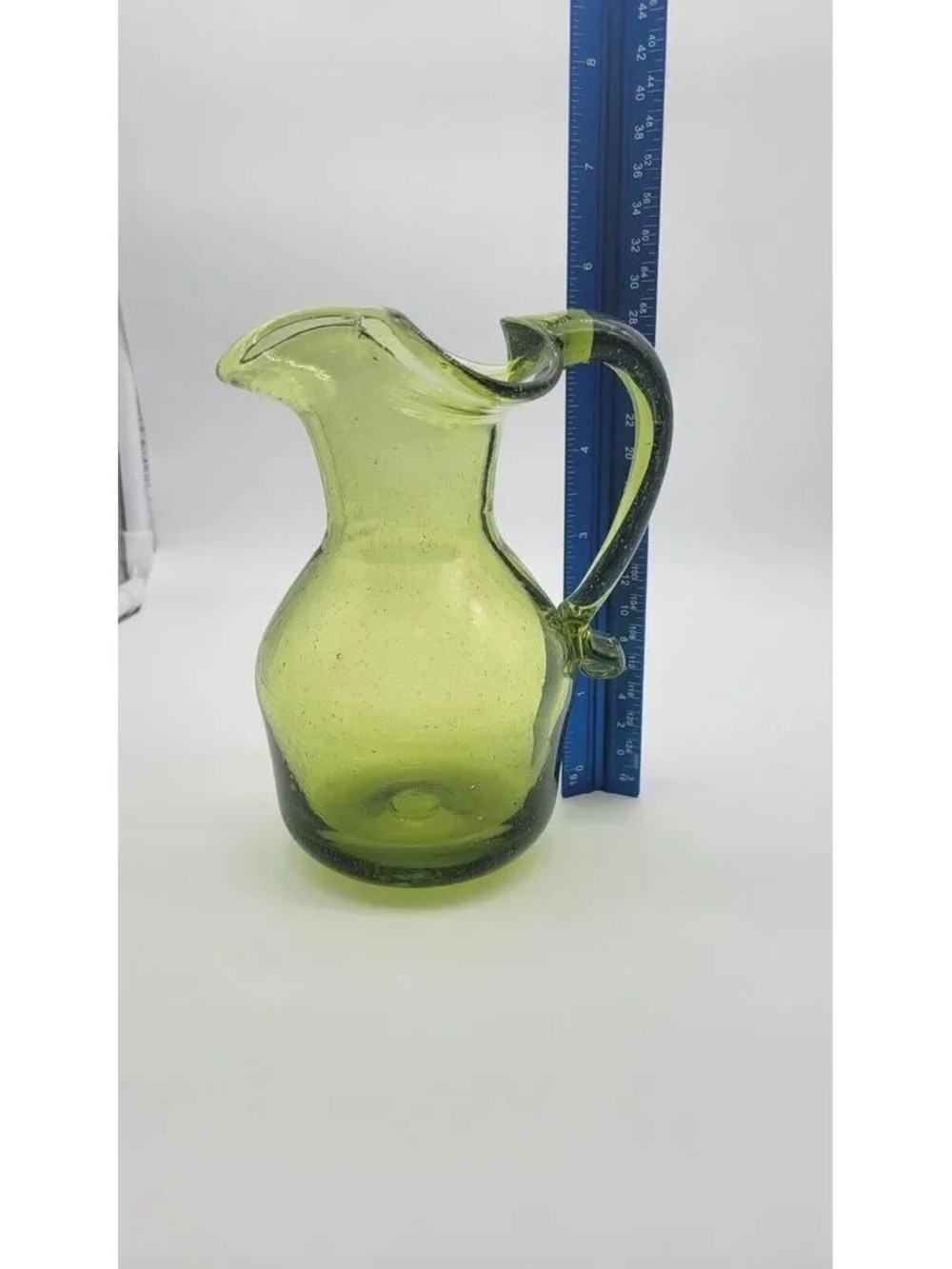 Hand-Blown Green Glass Pitcher with Curved Handle